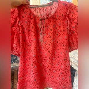 Super cute coral/pink Ulla Johnson shirt with blue and gold stitching!